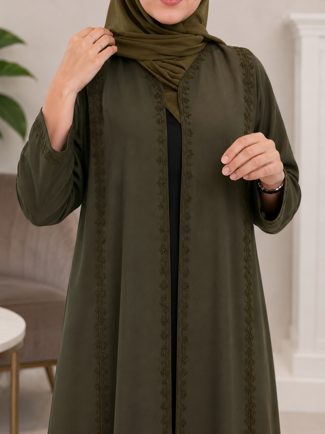 Maghribi Embroidered Open Abaya – Olive Green