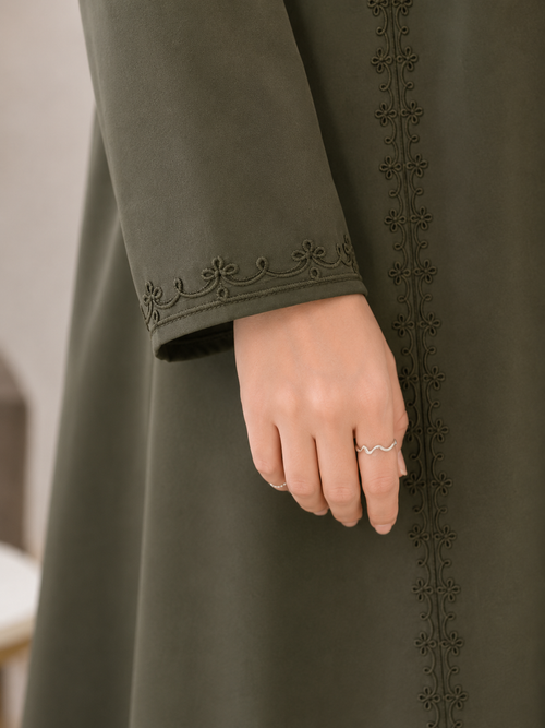 Maghribi Embroidered Open Abaya – Olive Green