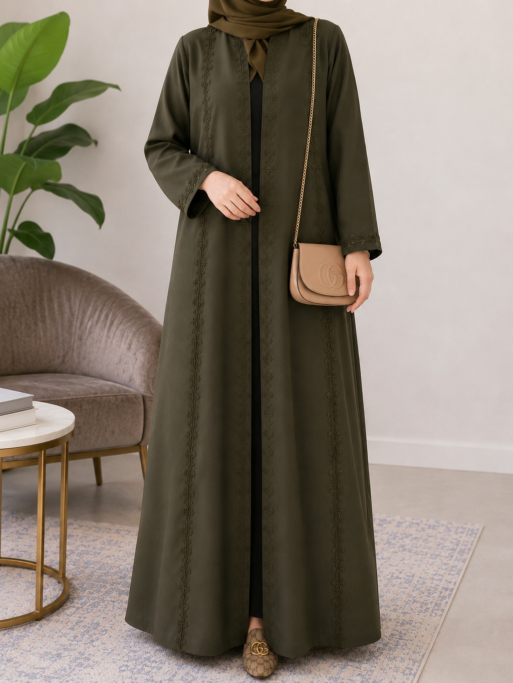 Maghribi Embroidered Open Abaya – Olive Green