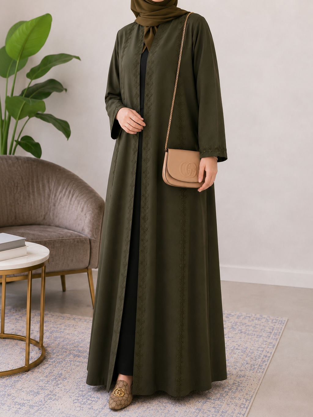 Maghribi Embroidered Open Abaya – Olive Green